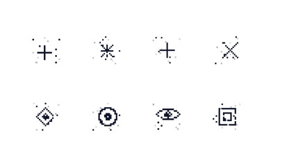 Obraz premium Pixel noise micro symbols set with spark star plus x diamond ring eye and frame icons for abstract technology UI, cyber interface overlays, and digital design systems.