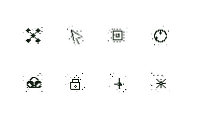 Pixel noise micro interface icons set with node cursor chip orbit cloud lock cross and star symbols for cybersecurity dashboards, data systems, software UI, and web products. © Imaster