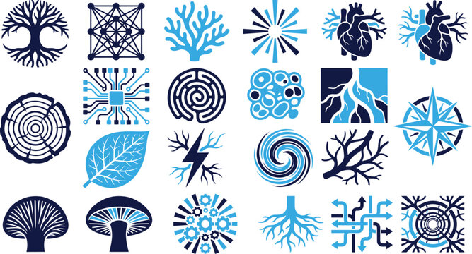 Collection of abstract root systems, biological and technological patterns in blue and dark blue.