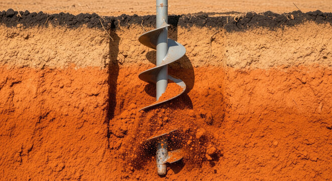 Soil auger drilling into distinct layers of earth revealing rich orange subsoil light brown intermediate soil and dark black topsoil under clear daylight.