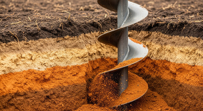 Detailed close-up of a metal auger drilling through distinct horizontal layers of rich brown and orange soil revealing geological stratification and excavation process