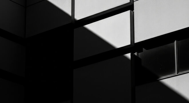 Abstract black and white architectural detail of a modern building facade with strong geometric shapes and dramatic shadows