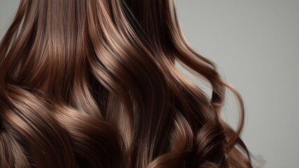 Fototapeta premium 光沢のある茶色の髪が美しくウェーブしている状態。ヘアケアや美容関連のイメージに適した髪の毛のアップ写真。