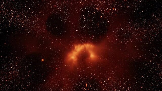 Massive fiery explosion in deep dark space with bright glowing orange flames and thousands of burning sparks flying in all directions. Destructive powerful abstract concept graphic art.