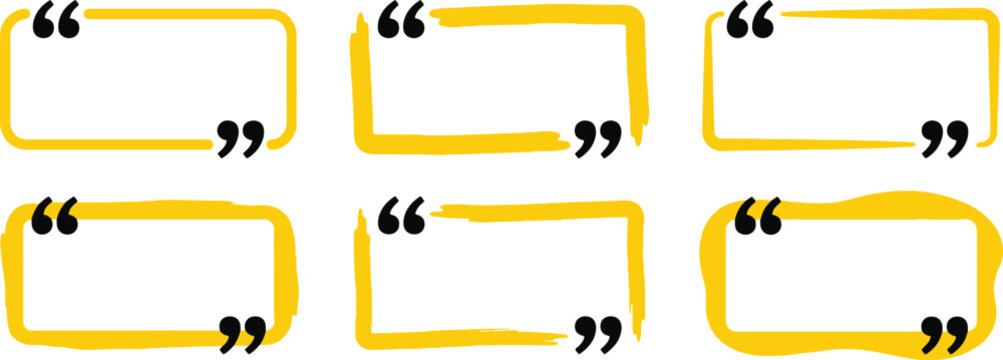 Set of six blank yellow rectangular and cloud shaped quote boxes with quote box