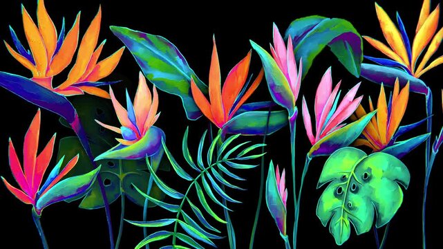 Oil Painted Tropical Flowers and Palm Leaves on Black, Looped Animation