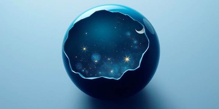 A surreal cracked blue eggshell revealing a sparkling starry galaxy and crescent moon inside. Minimalist 3D digital art representing the birth of a universe.