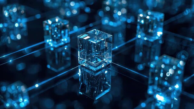 Transparent glowing data cube reflective grid with blue futuristic network connectivity technology