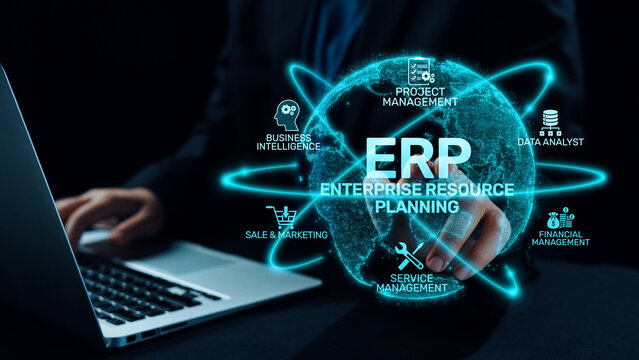 ERP platform visual showing centralized system for enterprise resource planning, improving integration, data flow, business efficiency, finance, inventory, and human resources. Elide