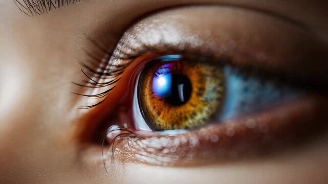 Golden brown eye close up with dramatic reflection and detailed eyelash brown human eye close up