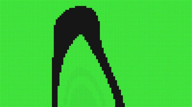 Pixelated abstract background with black curved shape and green grid. Abstract digital motion with geometric shapes in green pixel background.