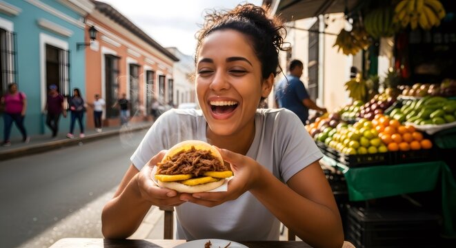 Young latina woman enjoying hot arepa street food in market