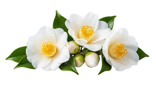three flawless white camellia flowers with velvety petals and vibrant yellow stamens, captured in sharp macro focus on a high-key studio background, emphasizing purity and freshness concept