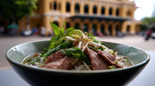 Delicious pho bo overlooking Saigon's historic architecture
