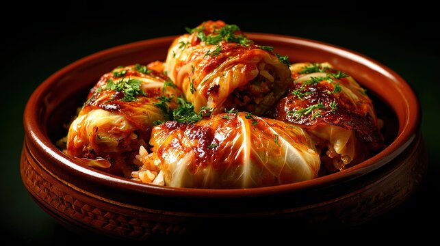 Bulgarian sarmi in a clay pot with greenery