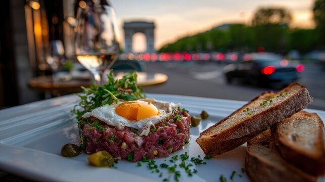 Enjoying steak tartare in enchanting Parisian evening light