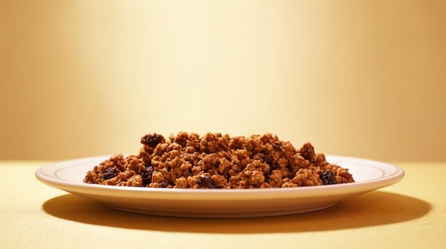 Cuban picadillo on a minimalist plate with warm lighting