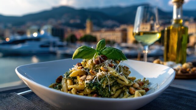 Trofie pasta with pesto at Porto Antico at dusk