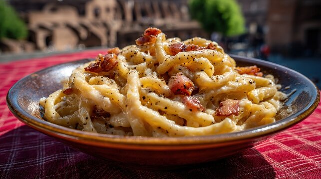 Bowl of authentic carbonara in golden hour by the Colosseum