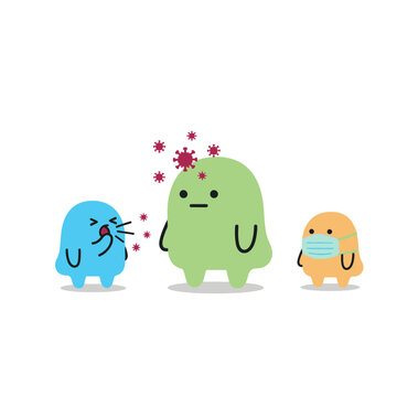 Cute cartoon characters showing virus spread and protection with mask