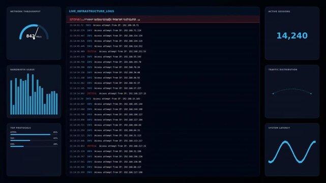 A high-tech dashboard displaying real-time data metrics, performance graphs, and system statistics