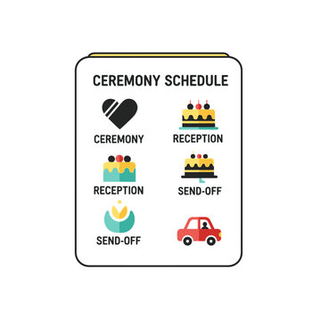 Wedding Ceremony Schedule with Icons: Heart, Cake, Car