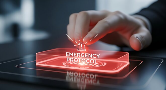 Emergency protocol concept. A close-up of a hand activating a virtual panic button, which pulses red and sends out an alert, representing an emergency protocol.