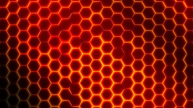 Dynamic video of a glowing red and orange hexagonal grid pulsing like molten lava on a dark background. Concept of intense energy and digital heat