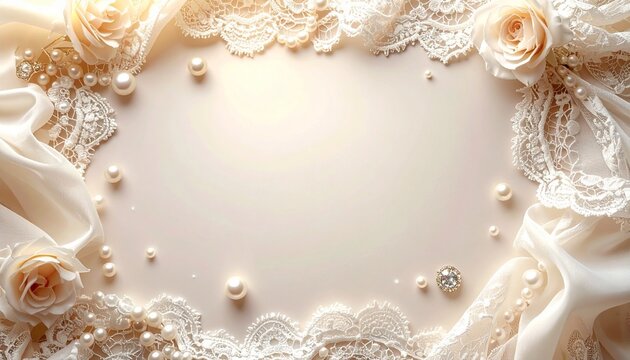 Lace and pearl border frame ivory background centered copy space luxury bridal light
