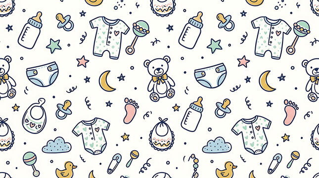 Seamless Baby Pattern with Cute Toys and Nursery Elements