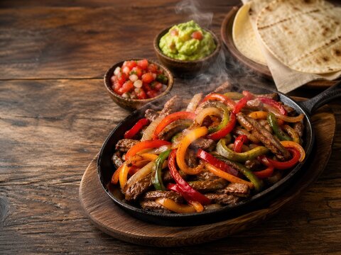 Hei&szlig;e mexikanische Fajitas mit Copy Space auf Holztisch
Dampfende Fajitas mit Fleisch, Paprika und Zwiebeln in Pfanne, dazu Guacamole und Tortillas mit freiem Raum