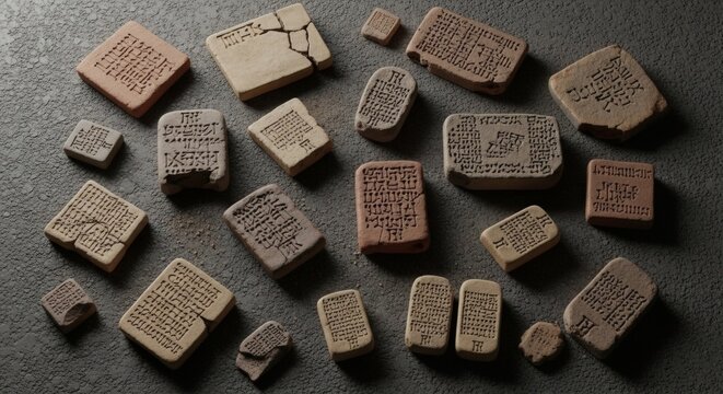 A collection of ancient clay tablets with cuneiform script on a dark surface