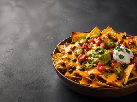 Nachos mit K&auml;se und Copy Space auf dunklem Hintergrund
&Uuml;berbackene Nachos mit Guacamole, saurer Sahne und Jalape&ntilde;os, angerichtet mit viel freiem Raum f&uuml;r Text