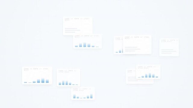 A collection of white financial cards displaying varying blue graphs and statistics on a light background