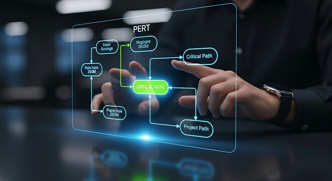 PERT chart analysis. A project manager's hands review a minimalist holographic PERT diagram, focusing on the critical path which glows brighter.