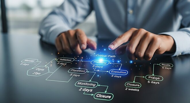 PERT chart analysis. A project manager's hands review a minimalist holographic PERT diagram, focusing on the critical path which glows brighter.