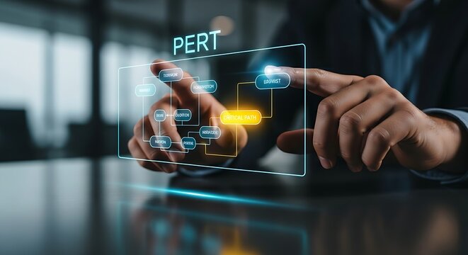 PERT chart analysis. A project manager's hands review a minimalist holographic PERT diagram, focusing on the critical path which glows brighter.
