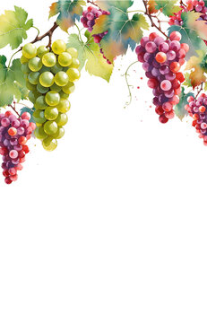 Vertical watercolor grapes frame for wine menu, winery branding, vegan superfood juice label, wedding program card, vineyard festival flyer, Mediterranean invitation and organic food logo design PNG
