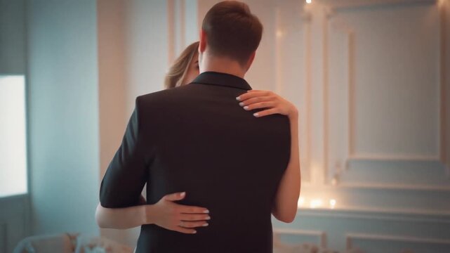 Elegant Couple Dancing Intimately in Softly Lit Romantic Setting