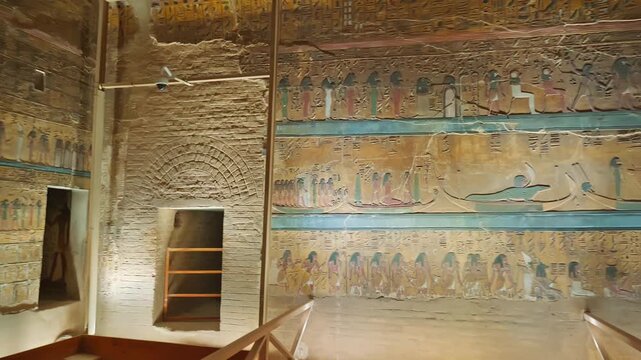 Interior view of the famous Seti the first tomb that is decorated with gods figures and hieroglyphs in the valley of Kings in Luxor in Egypt