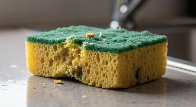 A worn-out yellow and green sponge sitting on a kitchen countertop with a blurred background