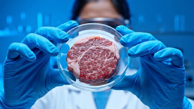 Woman scientist using petri dish with cultured lab grown meat in scientific research laboratory for food technology.