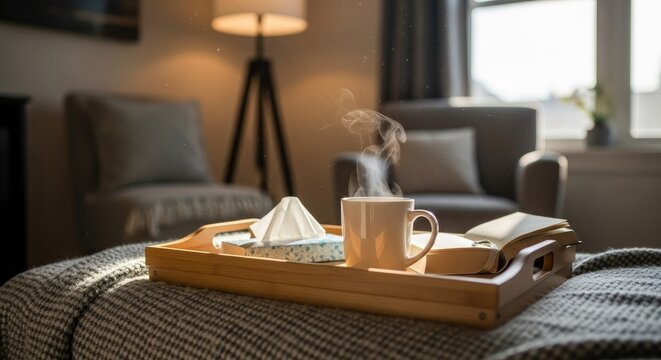 Steaming cup of tea with a book and tissues resting on a wooden tray placed upon a soft blanket in a cozy bedroom setting providing a sense of relaxation during a sick day at home indoors area