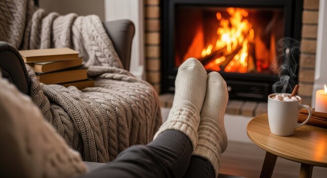 Person wearing warm knitted socks resting feet near a crackling brick fireplace with hot cocoa and books while relaxing during the cold winter evening season at home in a comfortable lounge chair