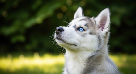 Obraz premium A fluffy puppy with striking blue eyes gazes into the distance while resting outdoors in a lush green garden environment during a beautiful sunny day that highlights the natural beauty of the