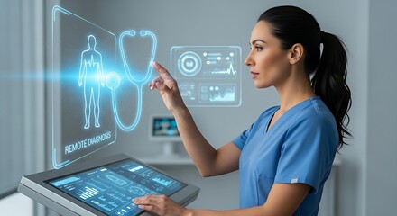 Fototapeta premium Remote diagnostics concept. A healthcare professional's hands interact with a holographic stethoscope, placing it over a patient icon for a remote diagnosis.