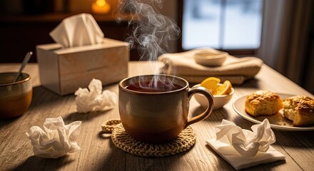 Fototapeta premium A steaming mug of hot beverage sits on a wooden table surrounded by used tissues and snacks signifying a period of seasonal illness recovery at home during the cold winter evening time indoors