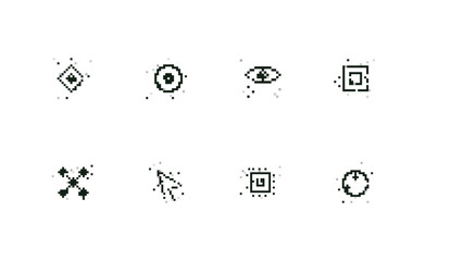 Pixel noise mixed symbols set with diamond ring eye frame node cursor chip and orbit icons for digital products, software UI kits, and cybersecurity visuals. © Imaster