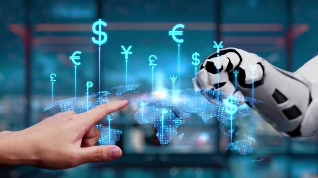 Human hand touching robotic finger to activate holographic 4K world map with glowing global currency symbols and financial data.
