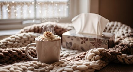 Fototapeta premium Warm steaming beverage in ceramic mug placed on thick knitted woolen blanket with tissue box nearby during cold winter day for comforting home experience while resting and recovering from